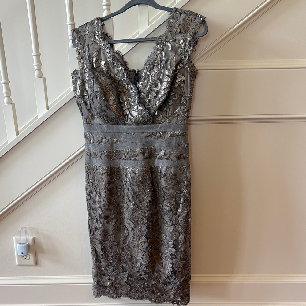 Tadashi Shoji Metallic Gray Lace Midi Dress